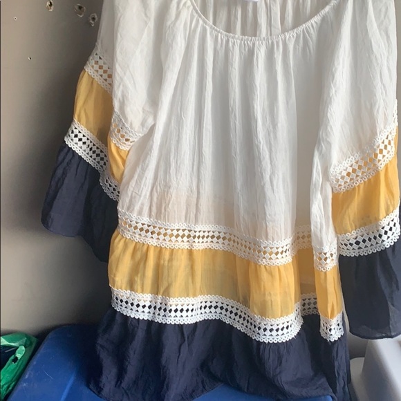 KAKTUS  COTTON LACE PEASANT BLOUSE YELLOW BLUE L - Picture 2 of 6